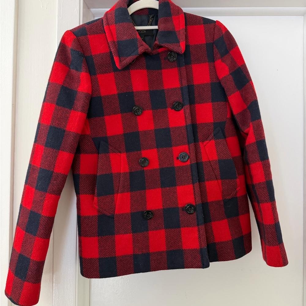 J.Crew Red & Navy Buffalo Plaid Wool Peacoat – Size 4